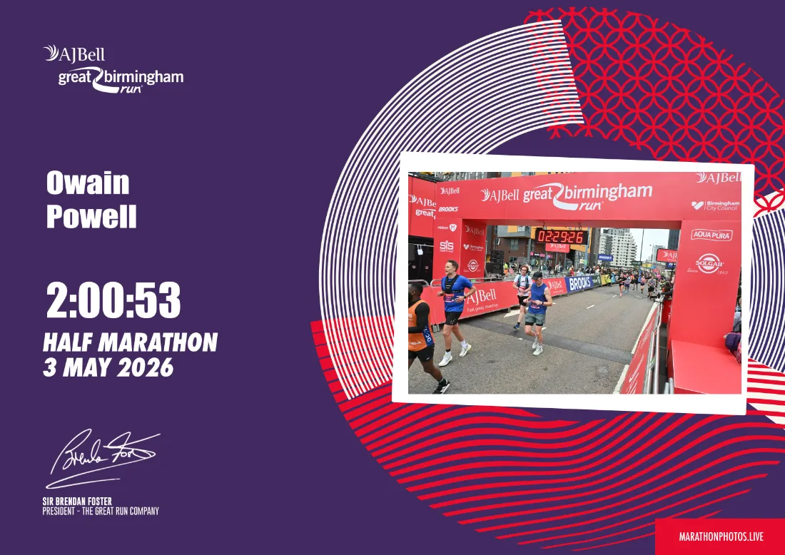 Finisher certificate: Owain Powell, 2:00:53, half marathon, 3 May 2026