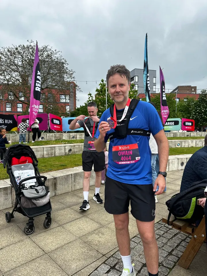 Owain Powell with his AJ Bell Great Birmingham Run half marathon medal, May 2026