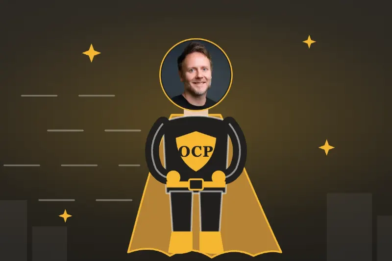 Cartoon of Owain Powell as a digital marketing superhero in a gold OCP cape