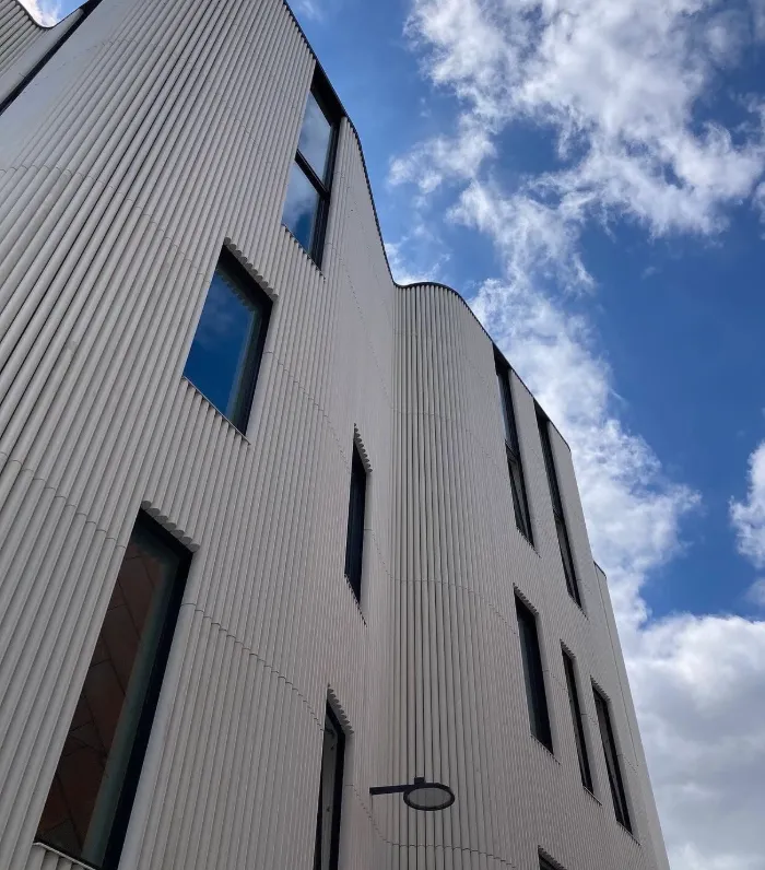 The ribbed facade of the Bureau Club building in Greenwich